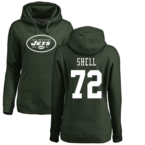 New York Jets Green Women Brandon Shell Name and Number Logo NFL Football #72 Pullover Hoodie Sweatshirts->women nfl jersey->Women Jersey